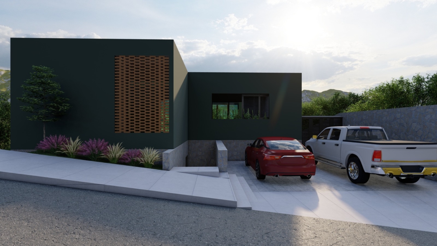 Render 3D de una casa residencial moderna con espacios abiertos y diseño personalizado.